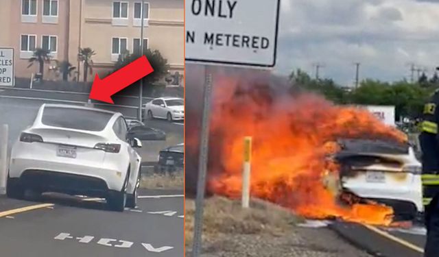 Kaliforniya'da Tesla Y Model otomobil alev alev yandı
