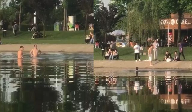 Bursa’da sıcaktan bunalan çocuklar çareyi süs havuzunda buldu