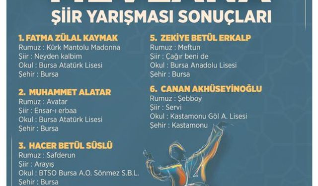 Bursa'da ‘Liselerarası Mevlana Şiir Yarışması'nın kazananları belli oldu
